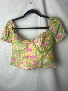 With Jean Floral Crop Top Structured Corset Ruffle Sleeve Size XL